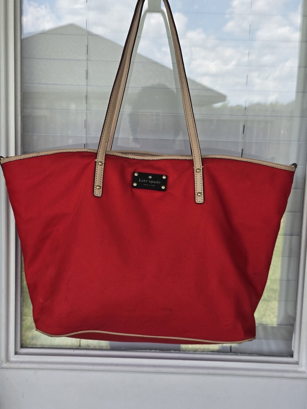 Kate Spade New York Red Nylon Large Tote Bag Tan Leather Shoulder Handbag 13x19